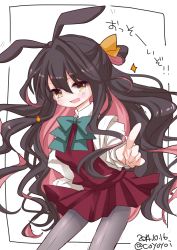 Rule 34 | 10s, 1girl, :d, black hair, dated, fang, hand on own hip, kantai collection, koyoi (ruka), looking at viewer, multicolored hair, naganami (kancolle), open mouth, pantyhose, pointing, pointing at viewer, school uniform, sketch, smile, solo, translation request, twitter username, two-tone hair, yellow eyes