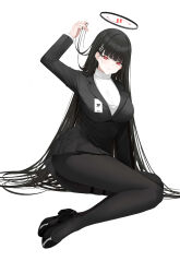 Rule 34 | 1girl, absurdres, black footwear, black hair, black pantyhose, black skirt, black suit, blue archive, blunt bangs, blush, breasts, formal, hair ornament, hairclip, high heels, highres, holding, holding own hair, kuyoumi, large breasts, long hair, long sleeves, looking at viewer, pantyhose, parted lips, pleated skirt, pumps, red eyes, rio (blue archive), simple background, sitting, skirt, solo, suit, white background, yokozuwari