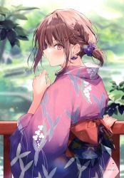 Rule 34 | 1girl, absurdres, blurry, blurry background, blush, brown eyes, brown hair, closed mouth, day, earrings, fingernails, hair ornament, highres, jacket, japanese clothes, jewelry, kimono, looking at viewer, looking back, necomi, obi, original, outdoors, sash, scan, sidelocks, smile, solo