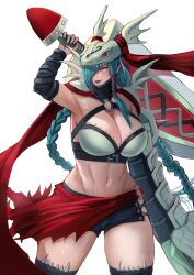 Rule 34 | 1girl, breasts, cleavage, digimon, digimon (creature), female focus, highres, large breasts, mervamon, midriff, navel, shorts, snake, solo, sword, weapon