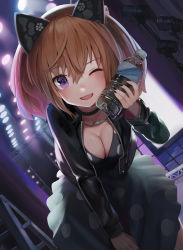 Rule 34 | 1girl, absurdres, alice gear aegis, bottle, breasts, brown hair, choker, cleavage, commentary request, dress, dutch angle, fang, hair between eyes, highres, jacket, jewelry, kimikage yui, large breasts, leaning forward, leather, leather jacket, long sleeves, looking at viewer, medium hair, nail polish, necklace, one eye closed, open clothes, open jacket, polka dot, polka dot dress, purple eyes, solo, stage, sunga2usagi, sweat, water bottle