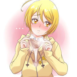 Rule 34 | 1girl, ahoge, blonde hair, blush, cardigan, closed mouth, collared shirt, frown, h26r, hair between eyes, head tilt, holding, holding clothes, holding panties, holding underwear, hood, hood down, hooded cardigan, hugtto! precure, kagayaki homare, looking away, panties, pink cardigan, precure, presenting removed panties, shirt, short hair, solo, underwear, upper body, white background, white shirt, wing collar, yellow eyes, yellow panties