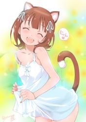 Rule 34 | 1girl, :d, ^ ^, amami haruka, animal ears, bad id, bad twitter id, bare back, brown hair, cat ears, cat tail, closed eyes, dress, gradient background, idolmaster, idolmaster (classic), inoue sora, jpeg artifacts, leaning forward, looking at viewer, nail polish, open mouth, see-through silhouette, smile, solo, sundress, tail, white dress