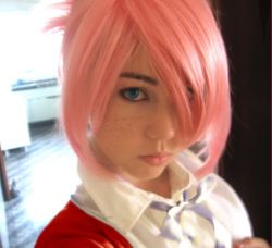 Rule 34 | 1girl, blue eyes, child, cosplay, cosplay photo, female focus, freckles, photo (medium), pink hair, short hair, solo, third-party edit