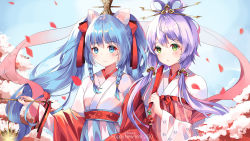 Rule 34 | animal ears, aqua eyes, aqua hair, artist name, blue sky, blush, braid, cherry blossoms, commentary, expressionless, green eyes, hagoromo, hair ornament, hair ribbon, hair rings, hairpin, hand fan, happy new year, hatsune miku, highres, holding, holding fan, japanese clothes, kimono, light blush, long hair, looking at viewer, luo tianyi, mikako, miko, mouse ears, new year, outdoors, parted lips, petals, plant, purple hair, red ribbon, red sleeves, ribbon, shawl, side braid, sidelocks, sky, smile, twin braids, twintails, upper body, very long hair, vocaloid, white kimono, wide sleeves