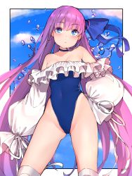 Rule 34 | 1girl, bad id, bad pixiv id, bare shoulders, blue eyes, blue one-piece swimsuit, blue ribbon, blue sky, border, breasts, choker, closed mouth, collarbone, covered navel, fate/grand order, fate (series), frills, hair between eyes, hand on own hip, highleg, highleg swimsuit, highres, long hair, long sleeves, looking at viewer, meltryllis, meltryllis (fate), meltryllis (swimsuit lancer) (fate), meltryllis (swimsuit lancer) (second ascension) (fate), one-piece swimsuit, puffy sleeves, purple hair, ribbon, sakura no tomoru hi e, sky, sleeves past fingers, sleeves past wrists, small breasts, solo, swimsuit, thighs, very long hair, water, white border