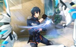 Rule 34 | 1boy, black gloves, black hair, elbow pads, gloves, gray reverse, hair between eyes, happy elements, helios rising heroes, highres, holding, holding knife, holding weapon, knife, male focus, official art, one eye closed, orange eyes, shoulder pads, teeth, third-party source, weapon
