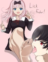 Rule 34 | 1girl, absurdres, blue eyes, feet, licking foot, fujiwara chika, highres, kaguya-sama wa kokurasetai ~tensai-tachi no renai zunousen~, licking, long hair, pink hair, red eyes, smile, soles, toes, tongue