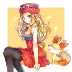 Rule 34 | 1girl, black thighhighs, blonde hair, blue eyes, border, breasts, closed eyes, closed mouth, creatures (company), eyewear on headwear, fang, fang out, fennekin, from side, game freak, gen 6 pokemon, grey shirt, hat, high-waist skirt, highres, invisible chair, long hair, looking back, low-tied long hair, medium breasts, miniskirt, nintendo, outside border, pleated skirt, pokemon, pokemon (creature), pokemon xy, red headwear, red skirt, serena (pokemon), shirt, sitting, skirt, sleeveless, sleeveless shirt, smile, sunglasses, thighhighs, very long hair, white-framed eyewear, white border, yellow background, yomogi (black-elf), zettai ryouiki