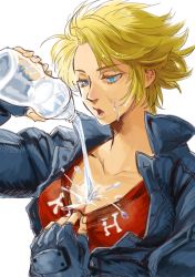 Rule 34 | 1girl, blonde hair, bloody roar, blue eyes, bottle, breasts, cleavage, cleavage reach, fingerless gloves, gloves, hot, jacket, jeanne gado, large breasts, leather, leather jacket, pouring, short hair, solo, water, water bottle, wet, yuriyuri (ccc)