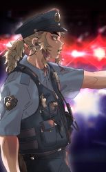 Rule 34 | 1boy, backlighting, blonde hair, blouse, blue shirt, blue vest, commentary, flashing light, forked eyebrows, from side, hat, highres, kimetsu no yaiba, long hair, mismatched eyebrows, multicolored hair, open mouth, outstretched arm, pocket, police, police badge, police hat, police uniform, policeman, ponytail, profile, rengoku kyoujurou, shirt, short sleeves, sidelocks, sikinen444, solo, spiked hair, symbol-only commentary, teeth, thick eyebrows, tsurime, uniform, upper teeth only, vest, vest pouch, whistle