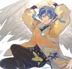Rule 34 | 1boy, :d, angel wings, aqua eyes, arms up, astel leda, black bodysuit, blonde hair, blue hair, blush, bodysuit, boots, coat, feathered wings, halo, highres, holostars, long sleeves, male focus, messy hair, open mouth, riri zuran, short hair, smile, solo, star (symbol), thigh boots, thighhighs, twitter username, virtual youtuber, white wings, wings, yellow coat