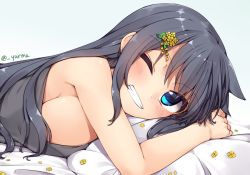 Rule 34 | 1girl, adyisu, area aquamarine, bare shoulders, black hair, blue eyes, blush, breasts, commentary request, hair ornament, large breasts, long hair, looking at viewer, lying, on stomach, one eye closed, original, sideboob, simple background, smile, solo, twitter username