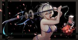 Rule 34 | 1girl, alternate costume, artist name, bare arms, bare shoulders, bikini, black hairband, blue bikini, bouquet, breasts, cleavage, closed mouth, collarbone, drone, fingernails, floating, flower, hair between eyes, hairband, hands up, highres, holding, holding flower, holding sword, holding weapon, katana, large breasts, light smile, lips, long fingernails, looking at viewer, machinery, magic circle, midriff, navel, nier (series), nier:automata, no blindfold, no mole, pauld, petals, pink flower, pod (nier:automata), revision, robot, short hair, side-tie bikini bottom, signature, silver hair, slit pupils, stomach, swimsuit, sword, tassel, underboob, weapon, 2b (nier:automata)
