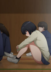 Rule 34 | 2boys, 2girls, ankle socks, ass, black hair, black socks, blue eyes, blue skirt, blurry, blurry background, blush, bob cut, breasts, closed mouth, commentary, depth of field, dress shirt, from side, full body, gym, hair between eyes, hand on own arm, highres, hugging own legs, indoors, long sleeves, looking down, maanii, medium breasts, miniskirt, multiple boys, multiple girls, on floor, original, paid reward available, pleated skirt, profile, school uniform, shadow, shirt, shoes, short hair, sitting, skirt, sneakers, socks, solo focus, sweat, sweater, uncomfortable, white footwear, white shirt, wooden floor, yellow sweater