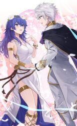 Rule 34 | 1boy, 1girl, bare shoulders, black cape, blue eyes, blue hair, blush, bracelet, breasts, brown eyes, cape, commentary request, commission, dress, fingernails, fire emblem, fire emblem awakening, fire emblem heroes, flower, formal, gloves, hair between eyes, head wreath, holding hands, jewelry, long hair, long sleeves, looking at another, lucina (fire emblem), lucina (valentine) (fire emblem), medium breasts, nintendo, official alternate costume, pants, pink nails, profile, robin (fire emblem), robin (male) (fire emblem), robin (male) (groom) (fire emblem), short hair, side slit, skeb commission, sleeveless, sleeveless dress, smile, suit, teeth, tiara, upper teeth only, white dress, white flower, white gloves, white hair, white pants, white suit, yuuri (orz commushows)