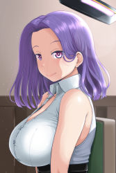 Rule 34 | 1girl, breasts, chair, commentary request, forehead, hair intakes, kantai collection, large breasts, looking at viewer, medium hair, mimofu (fullhighkick), open clothes, open shirt, purple eyes, purple hair, shirt, sitting, sleeveless, sleeveless shirt, smile, solo, tatsuta (kancolle), upper body