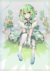 Rule 34 | 1girl, bell, between legs, bobo (6630978), boots, bow, bowtie, capelet, chinese commentary, commentary, dress, full body, green eyes, green hair, gumi, hair ornament, hair ribbon, hand between legs, highres, holly, holly hair ornament, leaf, looking at viewer, plant, ribbon, short hair, sitting, smile, solo, striped capelet, striped clothes, striped dress, thigh boots, thighhighs, vocaloid