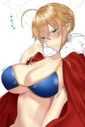 Rule 34 | ..., 1girl, ahoge, artoria pendragon (all), artoria pendragon (fate), artoria pendragon (lancer) (fate), bikini, blonde hair, blue bikini, blush, bouncing breasts, braid, braided bun, breasts, cape, cleavage, closed mouth, collarbone, embarrassed, fate/grand order, fate (series), fingernails, french braid, fur-trimmed cape, fur trim, green eyes, hair between eyes, hair bun, hand up, highres, large breasts, long fingernails, looking at viewer, onineko-chan, red cape, saber (fate), short hair, short hair with long locks, sidelocks, simple background, single hair bun, solo, sweatdrop, swimsuit, underboob, upper body, white background