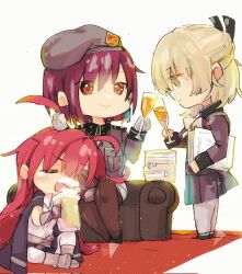 3girls ahoge alcohol asami_makiko_(heaven_burns_red) blonde_hair bow breasts chibi collared_shirt dometan0_0 dress earrings eyepatch green_eyes heaven_burns_red highres holding jacket jacket_on_shoulders jewelry large_breasts long_hair long_sleeves multiple_girls nanase_nanami_(heaven_burns_red) pantyhose purple_hair red_eyes red_hair shirt short_hair single_earring tezuka_saki toasting_(gesture) white_shirt yellow_eyes