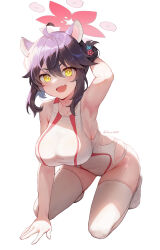 1girl :d ahoge animal_ears arm_up armpits bare_arms bare_shoulders black_hair blue_archive blush breasts commentary_request competition_swimsuit fang full_body hair_between_eyes hair_bun hair_ornament halo highres kaede_(blue_archive) kneeling large_breasts long_hair looking_at_viewer official_alternate_costume one-piece_swimsuit open_mouth red_halo short_hair sidelocks simple_background single_side_bun skin_fang skindentation smile solo swimsuit thighhighs thighs white_background white_one-piece_swimsuit white_thighhighs y.i._(lave2217) yellow_eyes