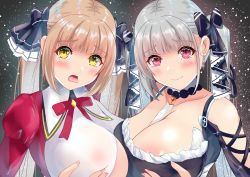Rule 34 | 2girls, absurdres, areola slip, azur lane, bare shoulders, black dress, black ribbon, bow, grabbing another&#039;s breast, breast press, breasts, chartina luitgard, cleavage, clothing cutout, detached collar, dress, formidable (azur lane), frilled dress, frills, grabbing, grabbing own breast, grey hair, highres, huge breasts, large breasts, light brown hair, long hair, looking at viewer, motto! haramase! honoo no oppai isekai chou ero succubus gakuen!, multiple girls, pink eyes, red bow, ribbon, shoulder cutout, star (symbol), starry background, symmetrical docking, tosyaobuura, twintails, two-tone dress, two-tone ribbon, underboob, upper body, white dress, white ribbon, wing collar, yellow eyes