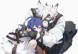 1boy 1girl acheki animal_ears belle_(zenless_zone_zero) black_gloves blue_hair commentary couple english_commentary frown furry furry_male gloves hetero highres hug hug_from_behind knee_up looking_at_viewer protecting scene_reference signature simple_background smile upper_body von_lycaon white_background yellow_eyes zenless_zone_zero