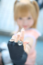 Rule 34 | 1girl, amane misa, amane misa (cosplay), asian, blonde hair, cosplay, death note, fingerless gloves, gloves, highres, indoors, jewelry, kipi-san, long hair, looking at viewer, nail polish, photo (medium), ring, two side up