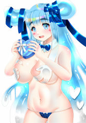 Rule 34 | 1girl, 46yuki91, blue eyes, blue hair, blue panties, covering privates, covering breasts, gift, grabbing, grabbing another&#039;s breast, highres, long hair, melona (queen&#039;s blade), panties, smile, solo, thong, topless, underwear