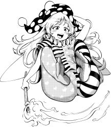 Rule 34 | 1girl, absurdres, american flag legwear, american flag shirt, arm behind head, cameltoe, clownpiece, commentary request, fangs, full body, greyscale, hat, high contrast, highres, himajin noizu, holding, holding torch, jester cap, long hair, monochrome, open mouth, pantyhose, polka dot, polka dot background, short sleeves, simple background, solo, star (symbol), star print, striped clothes, striped pantyhose, torch, touhou, wings