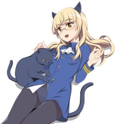 Rule 34 | 1girl, animal, animal ears, black pantyhose, blonde hair, blunt bangs, blush, breasts, cat, cat ears, cat tail, glasses, military, military uniform, monochrome background, nanashino, open mouth, panties, panties under pantyhose, pantyhose, perrine h. clostermann, petting, shiny clothes, simple background, small breasts, smile, strike witches, tail, underwear, uniform, white background, white panties, world witches series, yellow eyes