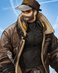 Rule 34 | 1boy, bara, baseball cap, beard, black gloves, black shirt, boots, brown footwear, brown hat, brown jacket, brown pants, chest harness, clothes around waist, covered abs, covered navel, cropped, facial hair, frown, full body, gloves, golden eagle, harness, hat, headphones, headphones around neck, highres, holding, jacket, looking to the side, male focus, mature male, original, pants, pectorals, personification, reference inset, rinotuna, shirt, shirt around waist, shoes, solo, standing, thick eyebrows, tinted eyewear, toned, toned male, underbust
