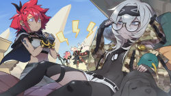 Rule 34 | 4girls, :&lt;, adjusting eyewear, alchemy stars, annoyed, apron, arm tattoo, bags under eyes, barbara (alchemy stars), bare arms, belt, bird, black bodysuit, black capelet, black coat, black dress, black gloves, black hair, black legwear, black neckwear, blue sky, bodysuit, bow, bowtie, bracelet, breasts, camouflage, camouflage jacket, capelet, chest strap, closed mouth, clothing cutout, coat, collar, commentary request, covered navel, crop top, cropped jacket, dog, dog tags, dress, ear piercing, electric guitar, eyebrow piercing, fang, fingerless gloves, flask, glasses, gloves, green hair, grey eyes, grey hair, grey tank top, guitar, highres, holding, holding flask, holding instrument, hood, hooded jacket, instrument, jacket, jewelry, jona (alchemy stars), kafka (alchemy stars), linea alba, long hair, looking at another, maid apron, maid headdress, mask, mask on head, microphone stand, multicolored hair, multiple girls, navel, open mouth, outdoors, partial commentary, piercing, pink hair, purple eyes, red hair, red legwear, regina (alchemy stars), shade, short hair, short shorts, shorts, single thighhigh, sitting, skin fang, skin tight, sky, sleep mask, small breasts, snake tattoo, spiked bracelet, spiked hair, spikes, standing, streaked hair, tank top, tattoo, thigh cutout, thigh strap, thighhighs, toto nemigi, undercut, white hair, white shorts