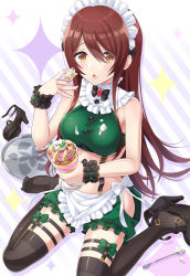 Rule 34 | 1girl, apron, bare shoulders, black bow, black footwear, black thighhighs, blush, bow, breasts, brooch, brown eyes, brown hair, chestnut mouth, clothing cutout, cream, crop top, diagonal stripes, food, frilled apron, frilled shorts, frills, green shorts, hand up, high heels, holding, holding food, idolmaster, idolmaster shiny colors, jewelry, long hair, maid, maid headdress, medium breasts, midriff, navel, osaki tenka, parfait, parted lips, puffy shorts, red bow, shoes, unworn shoes, short shorts, shorts, side cutout, single shoe, solo, sparkle, spoon, striped, striped background, thighhighs, urabi (tomatohouse), very long hair, waist apron, white apron, white bow, wrist cuffs