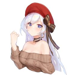 Rule 34 | 1girl, azur lane, bare shoulders, belfast (azur lane), belfast (shopping with the head maid) (azur lane), black bow, black choker, blue eyes, blush, bow, breasts, brown sweater, choker, cleavage, clenched hand, closed mouth, collarbone, commentary, cropped torso, earrings, hair bow, hand up, hoop earrings, jewelry, large breasts, long hair, long sleeves, looking at viewer, off-shoulder sweater, off shoulder, red headwear, silver hair, solo, striped, striped bow, sweater, swept bangs, tai (e3d1p), upper body