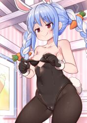 Rule 34 | 1girl, alternate costume, animal ear fluff, animal ears, areola slip, armpits, black leotard, blue hair, blush, braid, breasts, cameltoe, carrot, carrot hair ornament, center opening, cleft of venus, clothes pull, commentary request, cowboy shot, food-themed hair ornament, fur-trimmed gloves, fur trim, gloves, hair ornament, highleg, highleg leotard, highres, hikimayu, hololive, lemon snail, leotard, long hair, multicolored hair, nipples, pantyhose, playboy bunny, pulling own clothes, rabbit-shaped pupils, rabbit ears, rabbit girl, rabbit tail, short eyebrows, small breasts, smile, solo, strapless, strapless leotard, symbol-shaped pupils, tail, thick eyebrows, twin braids, twintails, two-tone hair, usada pekora, virtual youtuber, white hair