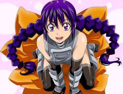 Rule 34 | arm support, armor, braid, elbow gloves, gloves, isse, kneeling, long hair, pink eyes, purple hair, sitting, solo, thighhighs, twin braids, wariza
