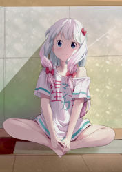 Rule 34 | 1girl, absurdres, bad id, bad pixiv id, barefoot, blue eyes, bow, butterfly sitting, collarbone, eromanga sensei, evan (pixiv7510743), feet, feet together, full body, hair bow, hands on feet, highres, indian style, indoors, izumi sagiri, long hair, looking at viewer, multicolored hair, off shoulder, pink hair, red bow, shirt, short sleeves, silver hair, sitting, smile, solo, two-tone hair, white shirt