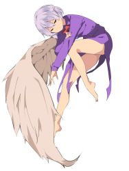 Rule 34 | 1girl, bad id, bad twitter id, barefoot, bow, bowtie, closed mouth, dress, feathered wings, full body, grey wings, hair between eyes, half updo, hasebe yuusaku, kishin sagume, long sleeves, looking at viewer, purple dress, red bow, red bowtie, red eyes, short hair, silver hair, single wing, solo, touhou, wings