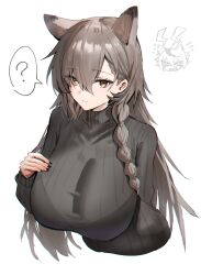 Rule 34 | 1girl, ?, absurdres, animal ears, arknights, arm behind back, black nails, black sweater, braid, breasts, closed mouth, commentary request, extra ears, fingernails, grey hair, hair between eyes, highres, horn/wood, large breasts, long hair, long sleeves, looking at viewer, mole, mole above eye, nail polish, official alternate costume, penance (arknights), penance (occasionally flushed) (arknights), simple background, single braid, spoken question mark, sweater, turtleneck, turtleneck sweater, upper body, white background, wolf ears, wolf girl, yellow eyes