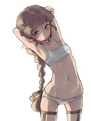 Rule 34 | 1girl, arm behind head, armpits, bow, bow panties, braid, braided ponytail, breasts, brown hair, freckles, garter straps, green ribbon, groin, hair ribbon, isuzu (log horizon), leaning to the side, log horizon, long hair, mo (deciliter), navel, open mouth, panties, pink eyes, ponytail, ribbon, simple background, single braid, sketch, small breasts, solo, standing, thigh strap, underwear, underwear only, very long hair, white background