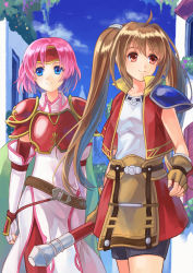 Rule 34 | 2girls, ahoge, akuru (akr369akr), apron, armor, black shorts, blue eyes, blue sky, breastplate, brown apron, brown gloves, brown hair, closed mouth, cloud, collarbone, collared dress, crossover, day, detached sleeves, dress, eiyuu densetsu, elbow gloves, estelle bright, fingerless gloves, fire emblem, fire emblem: path of radiance, gloves, holding, holding staff, jacket, leather apron, long hair, marcia (fire emblem), medium hair, multiple girls, nintendo, open clothes, open jacket, outdoors, pants, pink hair, red eyes, red jacket, red pants, red sleeves, shirt, short sleeves, shorts, shoulder armor, sky, smile, sora no kiseki, staff, standing, twintails, very long hair, white dress, white gloves, white shirt, wing collar