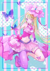 Rule 34 | 1girl, ascot, belt bow, blonde hair, brooch, bug, butterfly, butterfly earrings, commentary request, crop top, cure butterfly, earrings, hijiri ageha, hirogaru sky! precure, insect, jewelry, long hair, magical girl, miminaga usagi, one eye closed, pink ascot, pink eyes, pink footwear, pink headwear, pink skirt, precure, single leg pantyhose, single thighhigh, skirt, smile, solo, thighhighs, v over mouth, very long hair, wing brooch