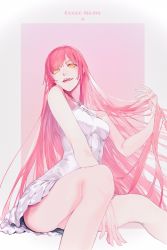 Rule 34 | 1girl, absurdres, bakushi (kaeritai0609), between legs, border, breasts, character name, dress, fate/grand order, fate (series), feet out of frame, hand between legs, hand in own hair, highres, huge filesize, licking lips, long hair, medb (fate), medb (lostroom outfit) (fate), medium breasts, pink background, pink hair, short dress, sitting, smile, solo, tongue, tongue out, very long hair, white border, white dress, yellow eyes