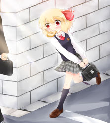 Rule 34 | 1girl, alternate costume, bad id, bad pixiv id, bag, black socks, blonde hair, blush, bread slice, brick wall, contemporary, dress shirt, female focus, food, food in mouth, frown, hair ornament, hair ribbon, kneehighs, koji (kohei66), late for school, loafers, looking away, mouth hold, necktie, plaid, plaid skirt, red eyes, ribbon, road, rumia, running, school bag, school uniform, shirt, shoes, short hair, skirt, socks, solo, sweatdrop, sweater, toast, toast in mouth, touhou