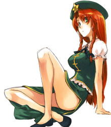 Rule 34 | 1girl, akr et, bad id, bad pixiv id, bare legs, braid, breasts, embodiment of scarlet devil, female focus, green eyes, hat, hong meiling, legs, long hair, red hair, simple background, sitting, skirt, solo, touhou, twin braids, white background