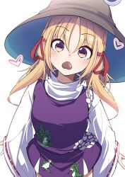 Rule 34 | 1girl, :&gt;, absurdres, animal print, blonde hair, blush, brown hat, candy, chocolate, chocolate heart, closed mouth, darumoon, food, food in mouth, frog, frog print, hair ornament, hair ribbon, hat, heart, highres, horizontal pupils, long hair, long sleeves, looking at viewer, moriya suwako, nose blush, parted bangs, purple skirt, purple vest, red ribbon, ribbon, shirt, simple background, skirt, skirt set, solo, touhou, turtleneck, upper body, valentine, vest, white background, wide sleeves, yellow eyes