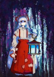 Rule 34 | 1girl, :t, arm at side, blunt bangs, bow, closed mouth, collared shirt, expressionless, fujiwara no mokou, hair bow, highres, holding, holding lantern, lantern, long hair, long sleeves, looking at viewer, multicolored background, no nose, red bow, red eyes, red skirt, rituzou210, shirt, skirt, solo, standing, touhou, two-tone bow, white bow, white hair, white shirt
