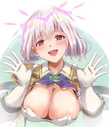 Rule 34 | 1girl, breasts, cleavage, commentary, commentary request, copyright name, english text, epaulettes, gloves, gridman universe, gridman universe (film), highres, large breasts, light purple hair, looking at viewer, nt50, open mouth, purple eyes, purple hair, shinjou akane, short hair, sleeveless, smile, solo, spoilers, ssss.gridman, upper body, white gloves