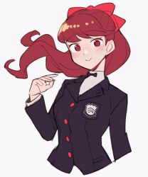 Rule 34 | 1girl, black jacket, blush, bow, buttons, closed mouth, do m kaeru, female focus, floating hair, hair bow, jacket, long hair, long sleeves, looking at viewer, matching hair/eyes, persona, persona 5, persona 5 the royal, ponytail, red bow, red eyes, red hair, school uniform, shirt, shuujin academy school uniform, simple background, smile, solo, white background, white shirt, yoshizawa kasumi